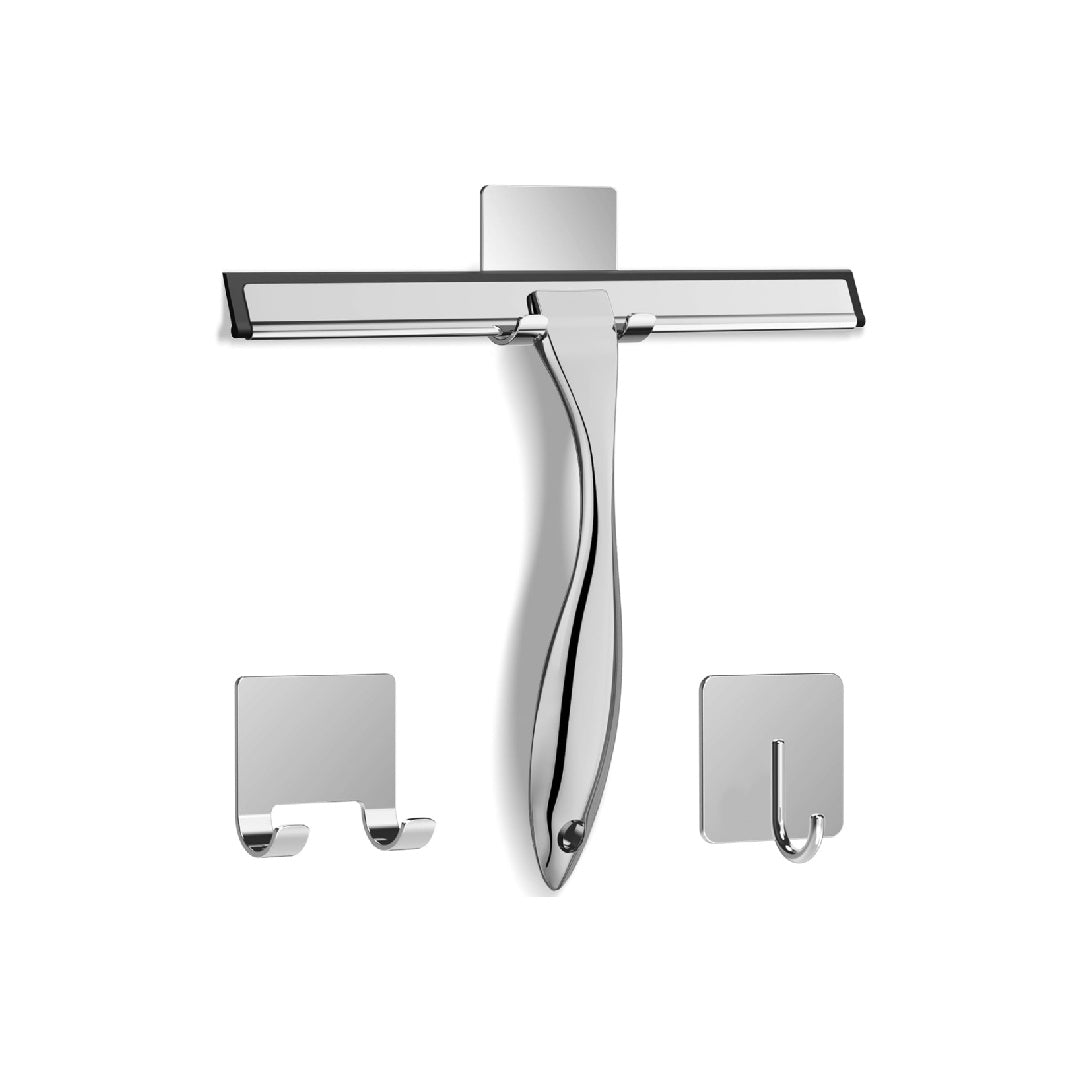 Multifunctional Stainless Steel Shower Squeegee with 2 Adhesive Hooks, Bathroom Cleaning Tool, 10 Inch