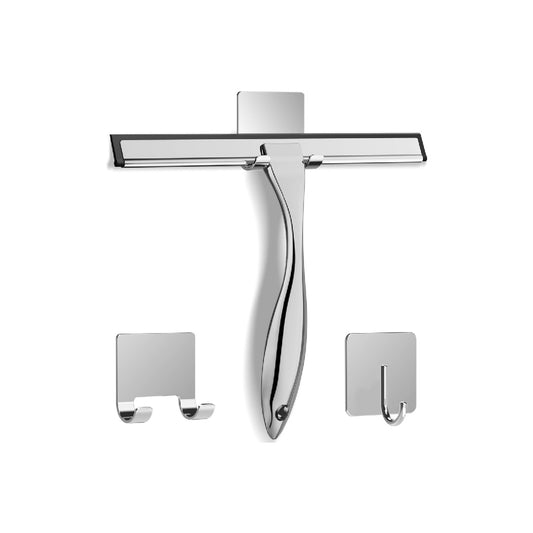 Multifunctional Stainless Steel Shower Squeegee with 2 Adhesive Hooks, Bathroom Cleaning Tool, 10 Inch