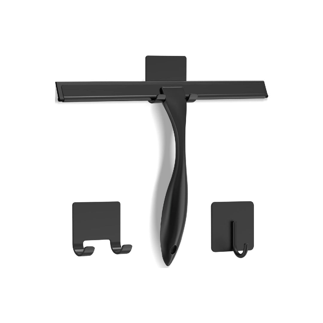 Multifunctional Stainless Steel Shower Squeegee with 2 Adhesive Hooks, Bathroom Cleaning Tool, 10 Inch