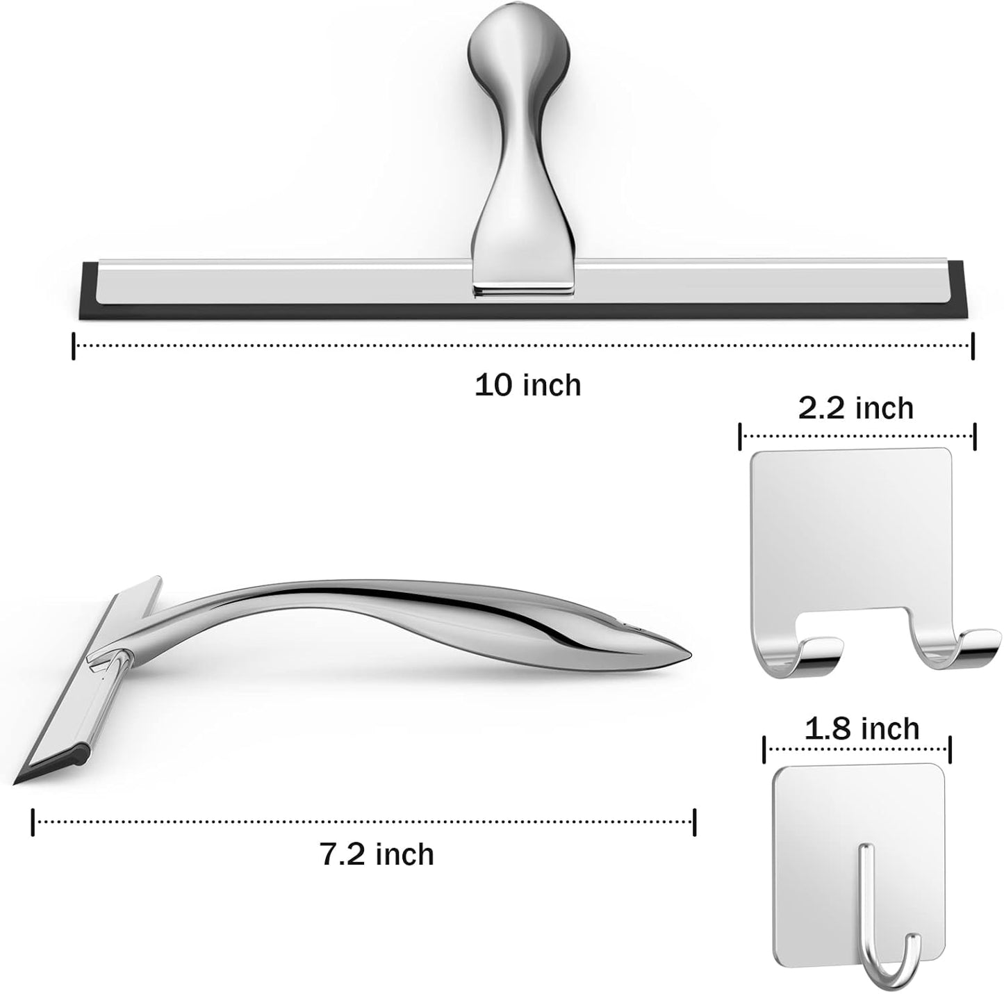 Multifunctional Stainless Steel Shower Squeegee with 2 Adhesive Hooks, Bathroom Cleaning Tool, 10 Inch