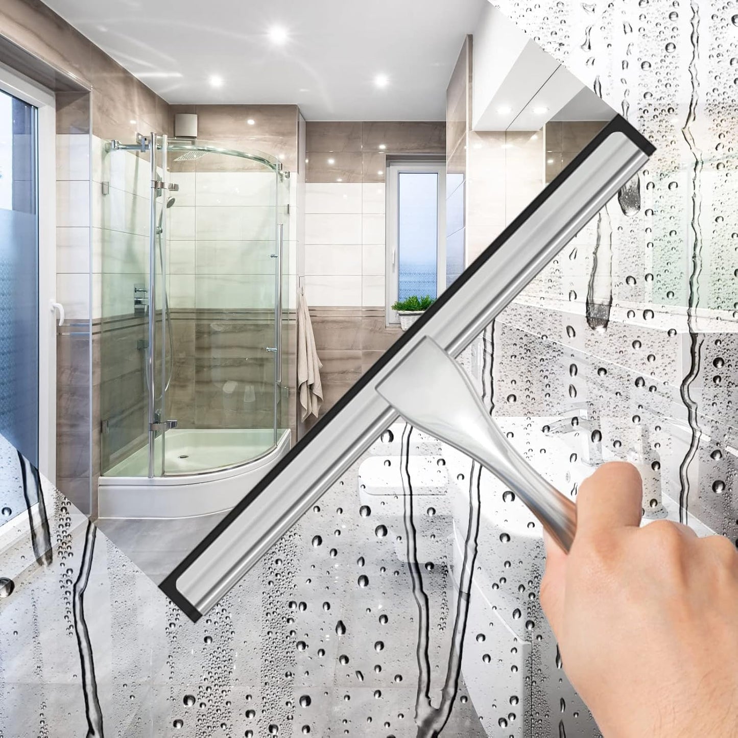 Multifunctional Stainless Steel Shower Squeegee with 2 Adhesive Hooks, Bathroom Cleaning Tool, 10 Inch