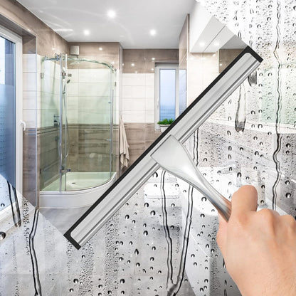 Multifunctional Stainless Steel Shower Squeegee with 2 Adhesive Hooks, Bathroom Cleaning Tool, 10 Inch